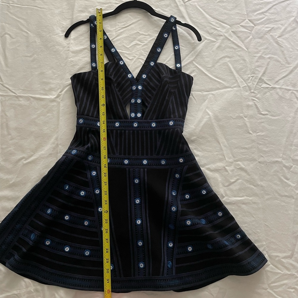 BCBG Navy and Black Sequin Embroidered Mini Flare Dress | Size 2